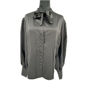 Tom Ford Womens Satin Scarf Neck Top Blouse Black Size XXL  Button Puff Sleeve‎